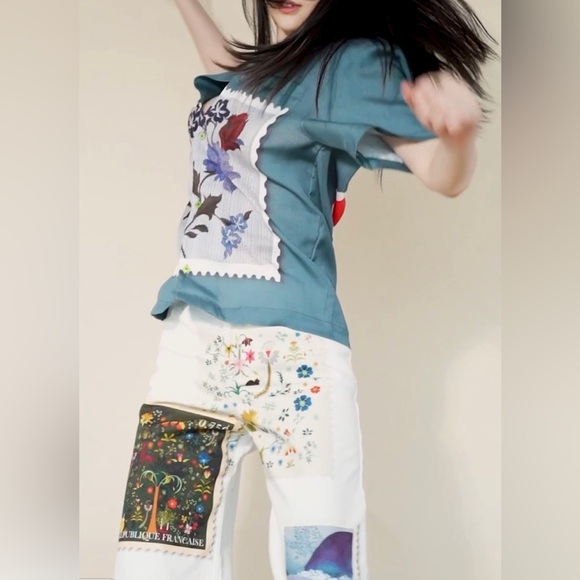 THE KIT's Nicole Jean wide-leg high-waisted denim vintage stamp patchwork baggy - Picture 4 of 16